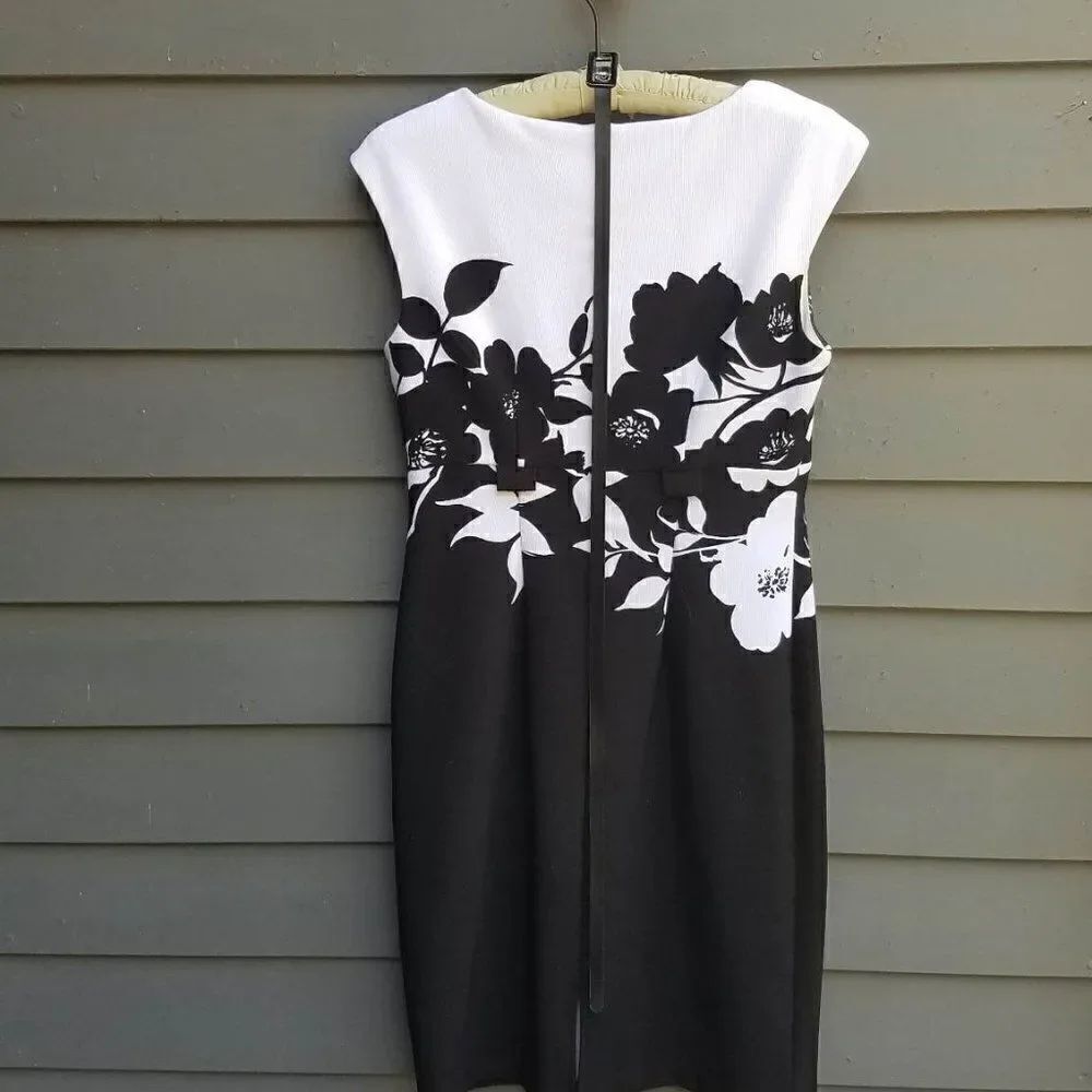 Connected Black White Floral Belted Dress size 10 - Picture 2 of 12